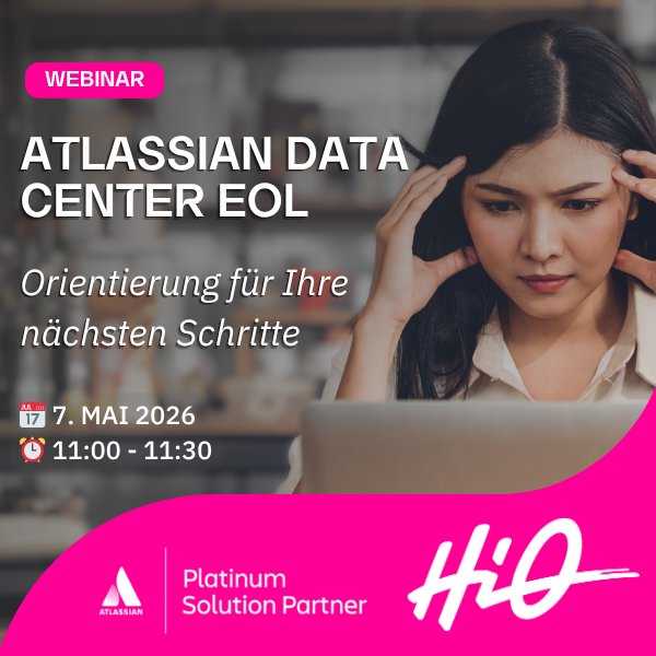 Webinar-Banner zum Atlassian Data Center End of Life mit Frau am Laptop, Veranstaltungstermin am 7. Mai 2026 von 11:00 bis 11:30 Uhr.