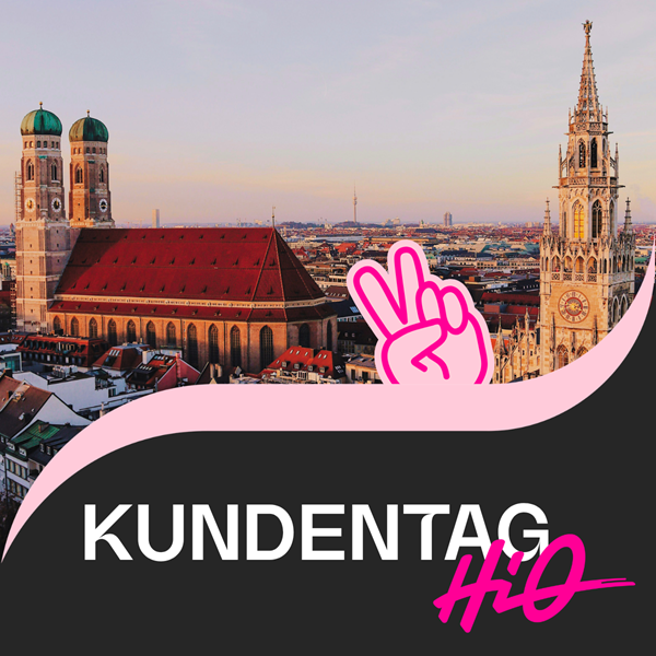 Kundentag HD in München – Veranstaltungsgrafik mit Frauenkirche, Neuem Rathaus und pinkem Handzeichen.