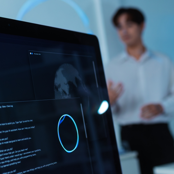 Ein Computerbildschirm im Vordergrund zeigt eine dunkle KI-Oberfläche mit einem stilisierten Globus und einem leuchtenden blauen Kreis. Im unscharfen Hintergrund steht eine Person in einem hellen Hemd und gestikuliert.