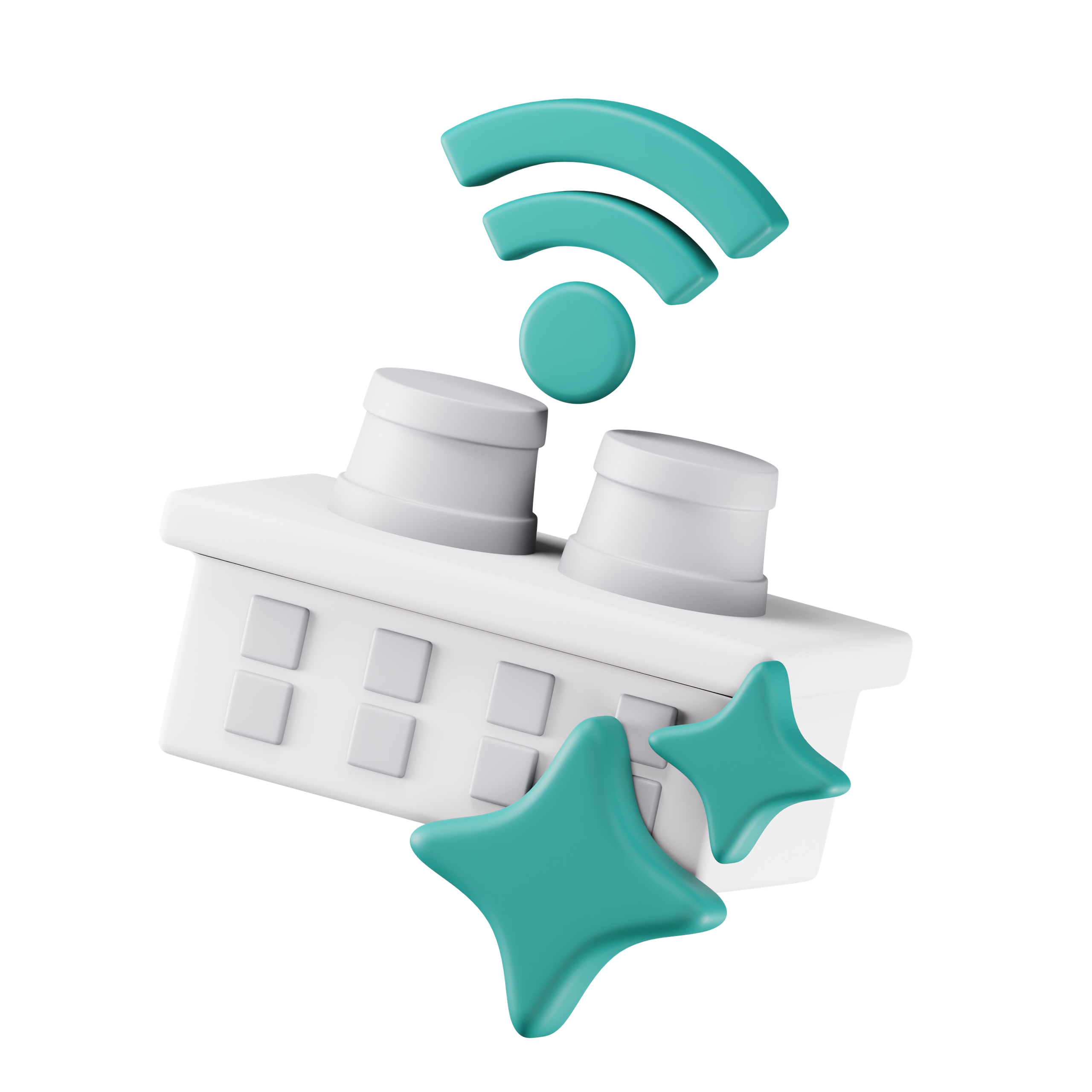 3D-Icon eines Gebäudes mit WLAN-Symbol und Glitzersternen